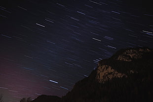 time-lapse photography of meteor shower, mountains, night, landscape, forest HD wallpaper