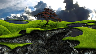 brown leafed trees illustration, digital art, landscape, nature, clouds