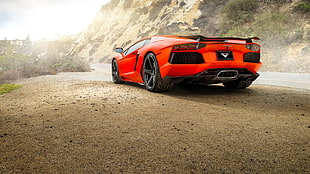 orange coupe, car, Lamborghini, Lamborghini Aventador, road HD wallpaper