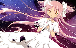 pink haired female anime character in white dress