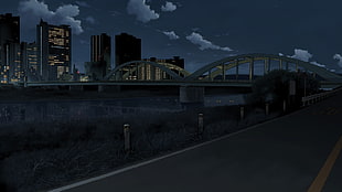 white concrete bridge digital wallpaper, anime, bridge, city, night
