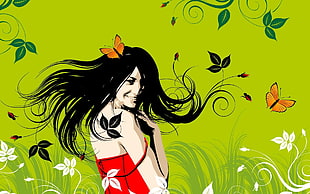 woman in red spaghetti strap top and assorted color butterflies vector illustration