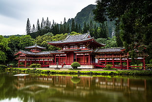 red and black temple, nature, road, water, architecture