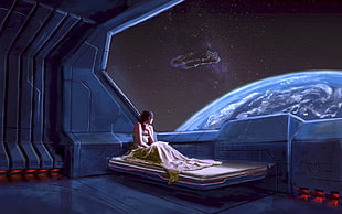 woman sitting on bed illustration, digital art, bed, space, futuristic