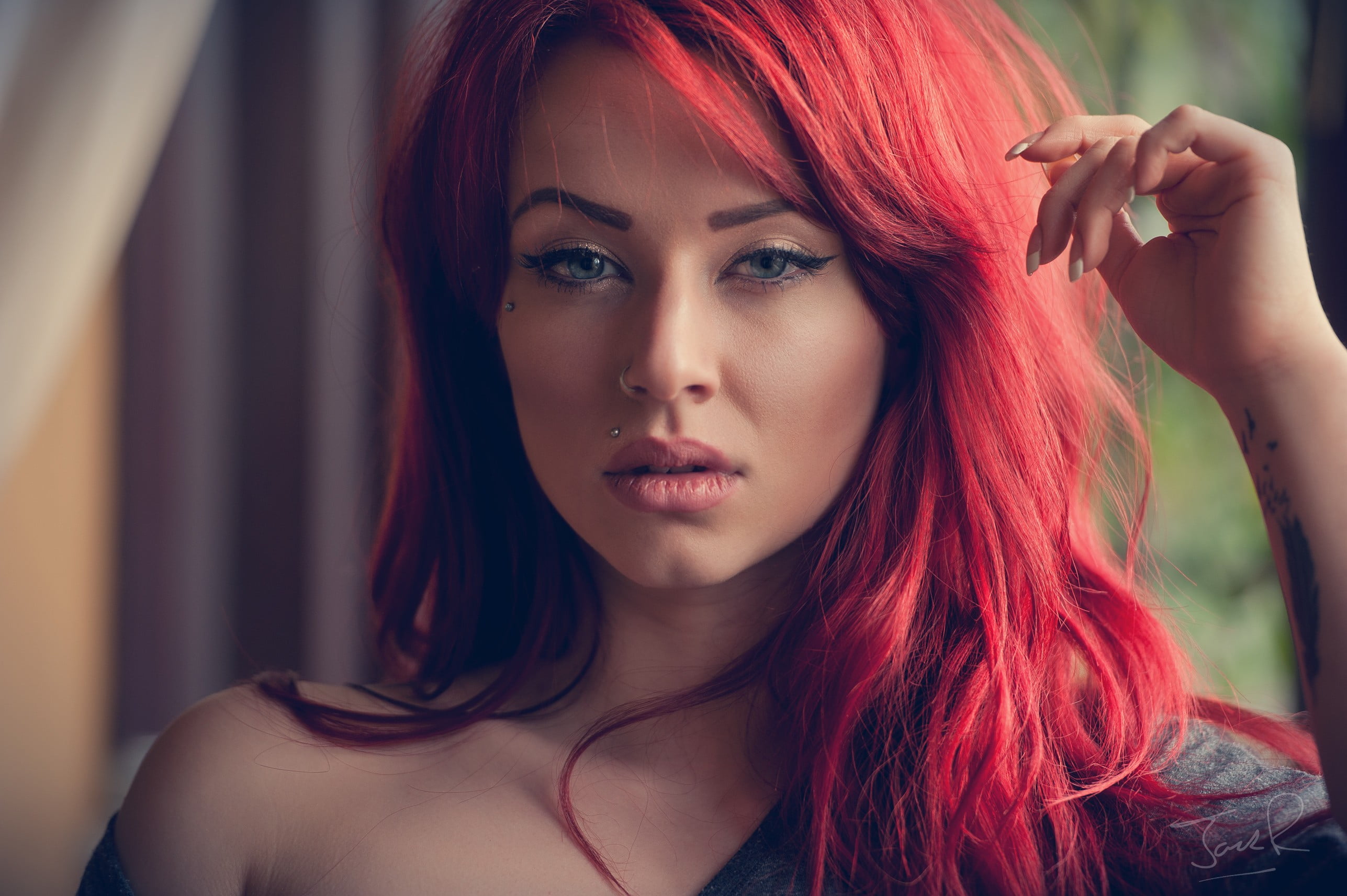 woman's red hair, women, redhead, nose rings, piercing HD wallpaper.