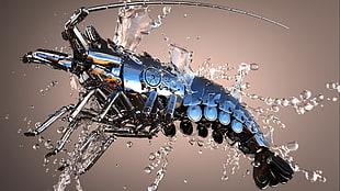 blue and grey crayfish, digital art, animals, CGI, render