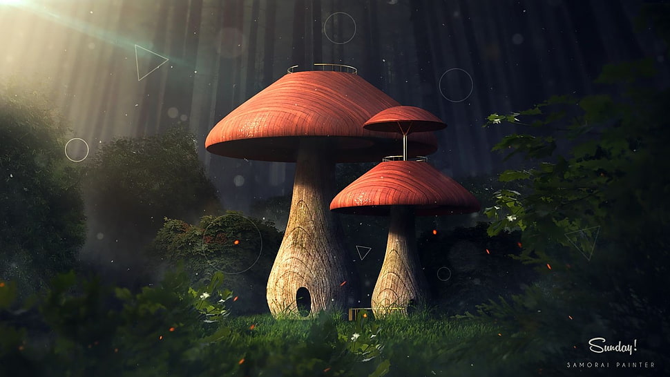black and red table lamp, fantasy art, nature, trees, forest HD wallpaper