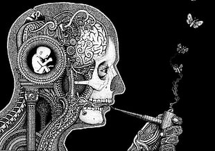 white and black man smoking pipe with baby on his head illustration, abstract, smoking, Soen
