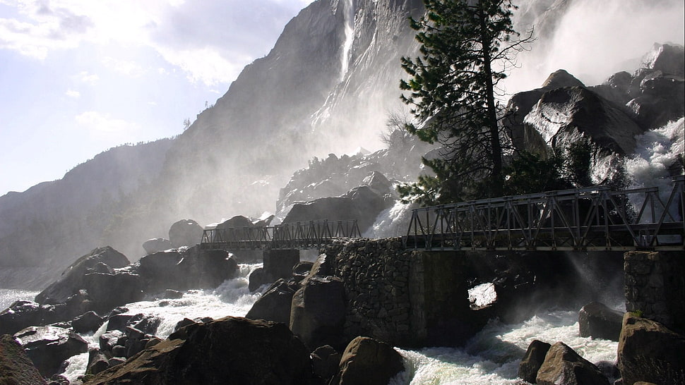 bridge near falls, nature, bridge, waterfall, landscape HD wallpaper