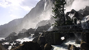 bridge near falls, nature, bridge, waterfall, landscape