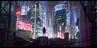 man standing on gray platform digital wallpaper, Alexander Dudar, cyberpunk, digital art