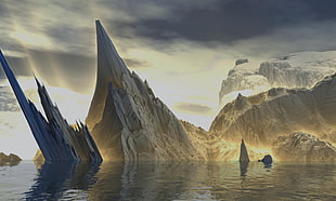 mountains on body of water at daytime, fantasy art