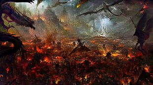 red dragon illustration, dragon, fantasy art, war, battle HD wallpaper