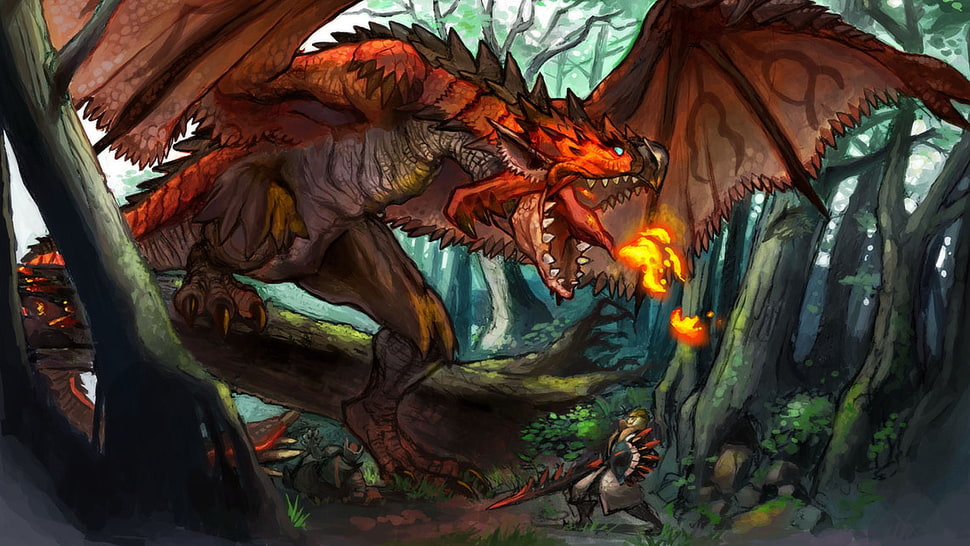 red dragon illustration, Monster Hunter, Rathalos, fantasy art, dragon HD wallpaper