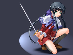 female character in red long-sleeved mini dress holding claymore sword digital wallpaper