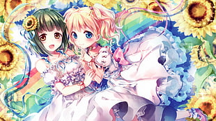 two anime girl characters wearing white dress digital wallpaper