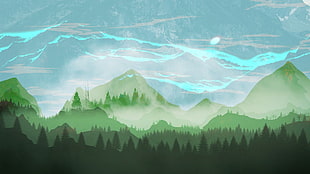 green mountain illustration, trees, landscape