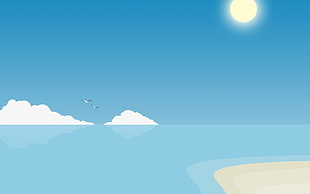 two white-and-black bird flying near ocean during daytime illustration, digital art, blue, water, sea