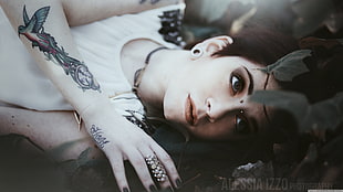 women's white crew-neck shirt, tattoo, nature, lying down, fantasy girl HD wallpaper