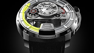 round gray chronograph watch, watch, luxury watches, HYT, liquid