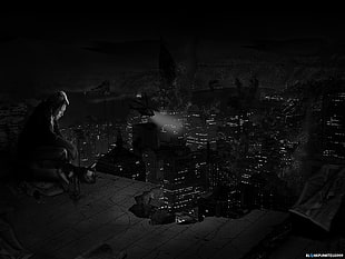 grayscale photography of cityscape, monochrome, cityscape, helicopters, sitting HD wallpaper