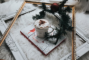 white ceramic mug filled with cappuccino HD wallpaper
