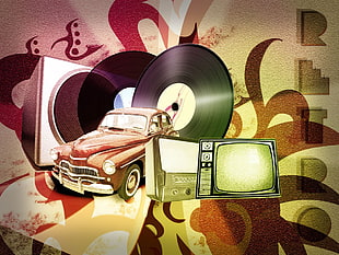 cars, vinyl record, and television artwork, sports car, old car, vintage, pixel art
