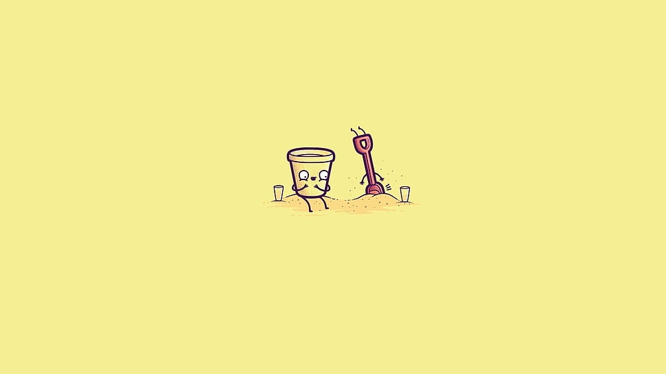 white sand bucket and pink spade illustration HD wallpaper