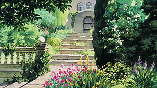 green and pink flower arrangement, stairs, garden