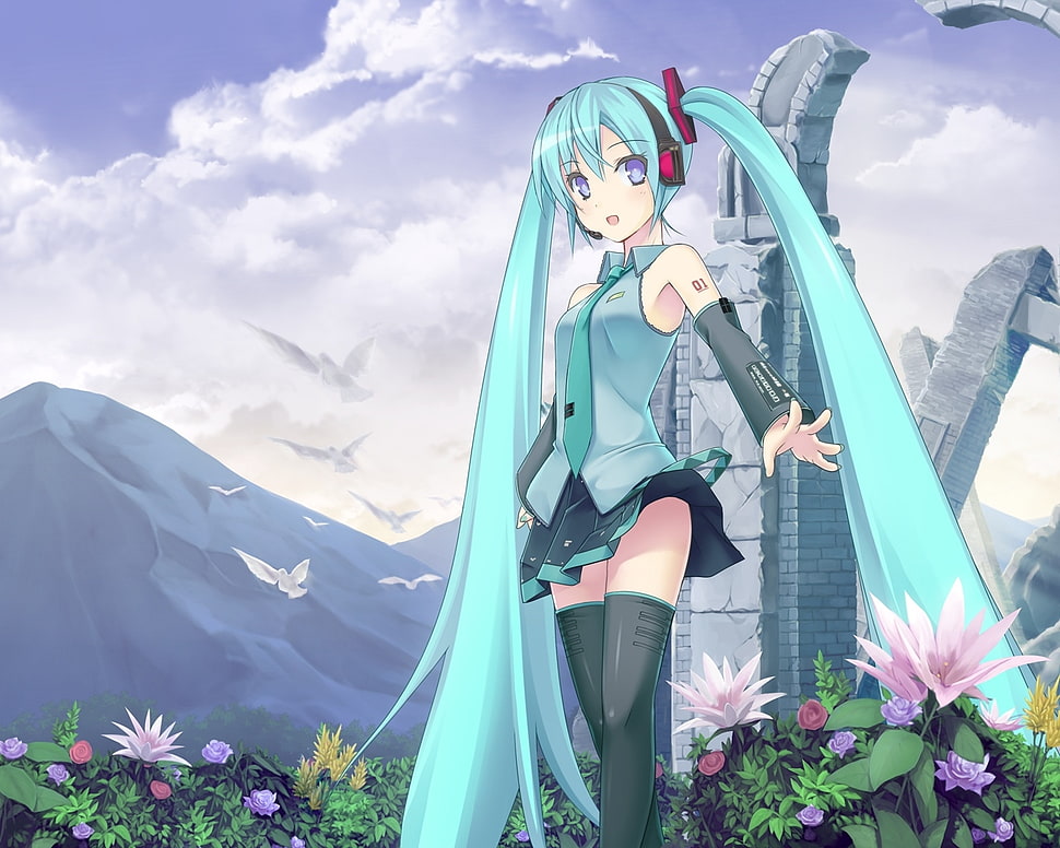 photo of female anime character in teal hair HD wallpaper