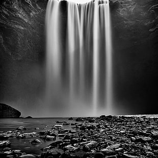 grayscale landscape photo of waterfalls HD wallpaper
