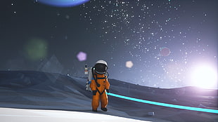 astronaut walking on land illustration, Astroneer, space, lens flare, astronaut HD wallpaper