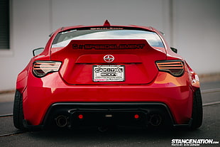red Scion car with text overlay, Scion, Stance, StanceNation, car