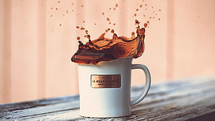 white ceramic mug, splashes, coffee, cup