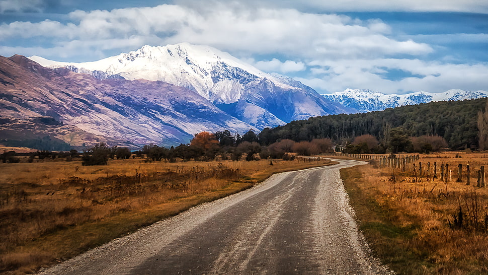 brown snow-capped mountain under white skies near green trees and gray road HD wallpaper