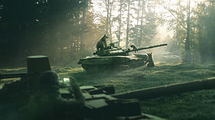 green battle tank, bears, baby animals, tank, wood