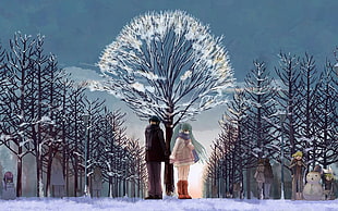 anime couple standing near snow-covered tree HD wallpaper