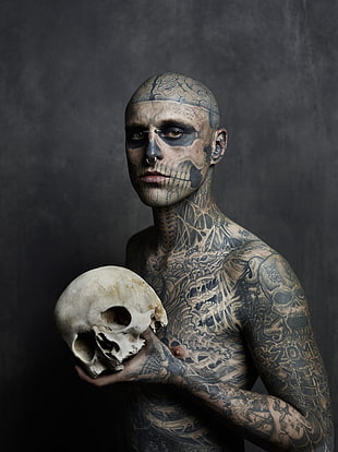 black whole body tattoo, men, shirtless, tattoo, Rico the Zombie HD wallpaper