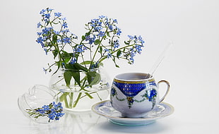 blue cluster flower centerpiece beside cup with saucer HD wallpaper