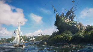 two brown sailing boats front of brown rock mountains, Skull & Bones, Ubisoft, pirates