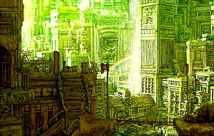 green and brown ruins illustration, anime
