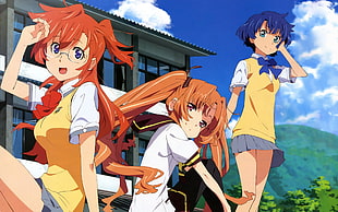 three anime girl characters wearing school uniform