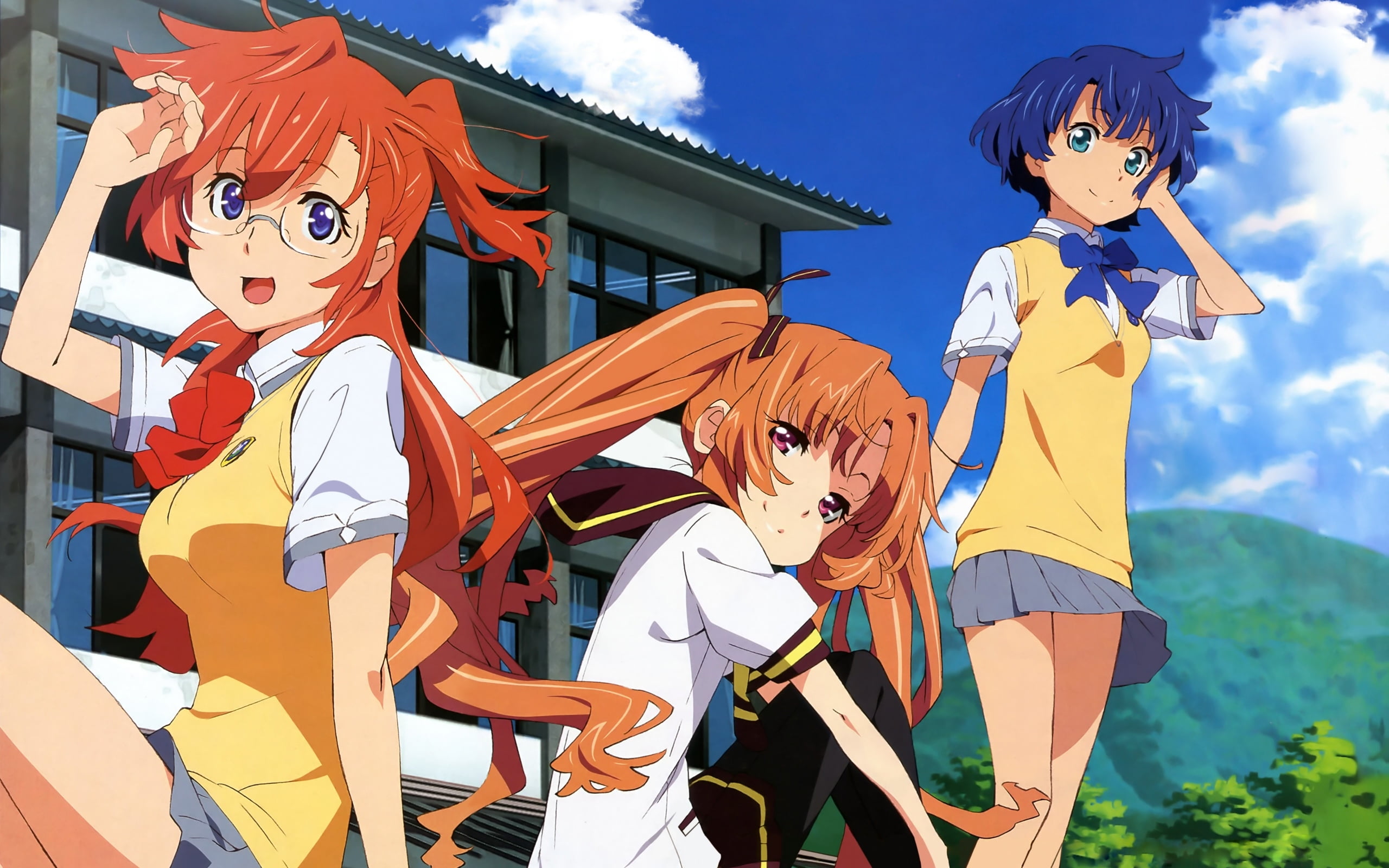 Three Anime Girl Characters Wearing School Uniform Hd Wallpaper Wallpaper Flare