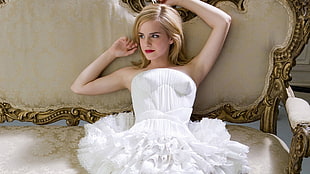 woman wearing white tube-top formal dress