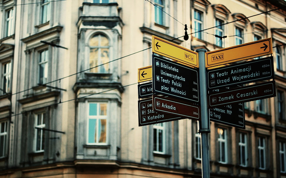 brown wooden cabinet with mirror, city, street, road sign, Poland HD wallpaper