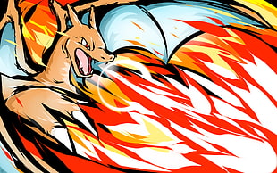 brown dragon breathing fire illustration