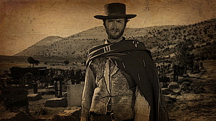men's scarf and button-up top, Clint Eastwood, western, sepia, cowboys HD wallpaper