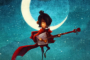 photo of cartoon character with black hair using kemenche under moonlight