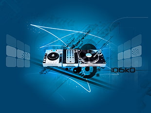 gray DJ terminal illustration, music, digital art, turntables, blue background