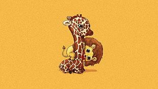 Giraffe and Lion illustration, animals, minimalism HD wallpaper